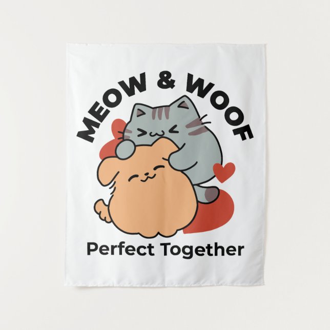 Tenture Adorable chat et chien Hug - Meow & Woof Design (Devant)