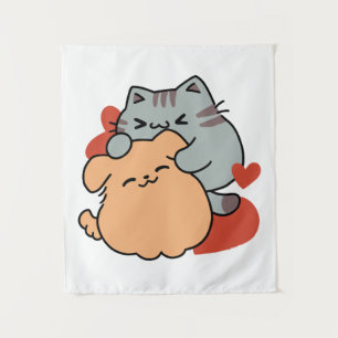 Tenture Adorable chat et chien Hug - Meow & Woof Design