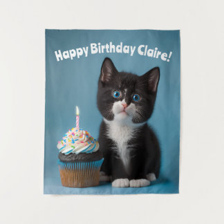 Tenture Adorable Joyeux Anniversaire Chat, Personnalisable