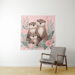 Tenture Adorable Otter Boho rose Rose Maman Papa et bébé