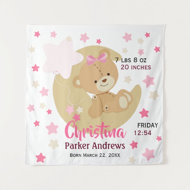 Tenture Adorable Teddy Bear Baby Girl Stats de naissance (Devant)