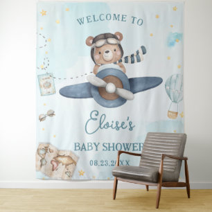 Tenture Adventure Cute Bear Blue Plane Baby shower garçon