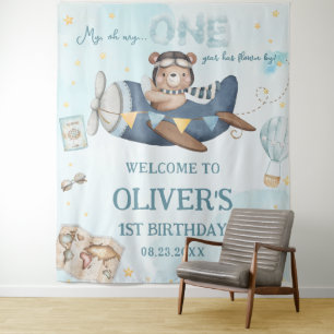 Tenture Adventure Cute Bear Blue Plane Boy 1er Anniversair