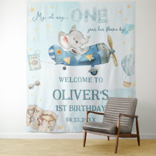 Tenture Adventure Cute Elephant Blue Plane 1er anniversair