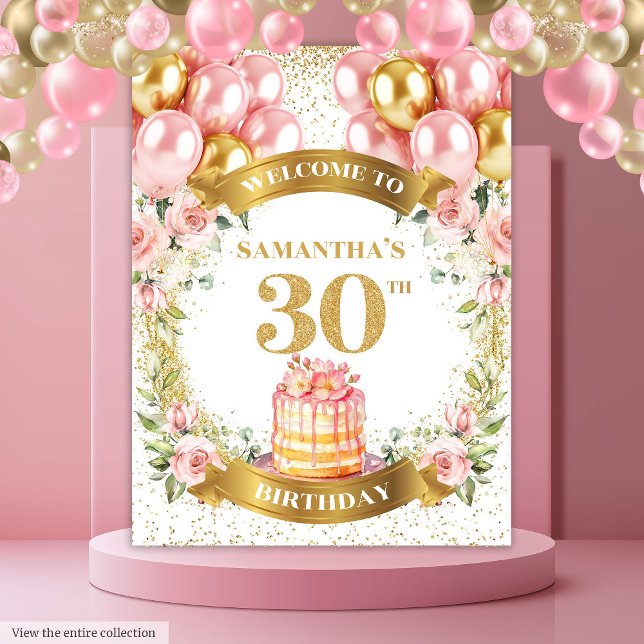Tenture Affichage de fête doré rose pour un 30e anniversai (Adorable 30th Birthday Blush Gold Party Display)