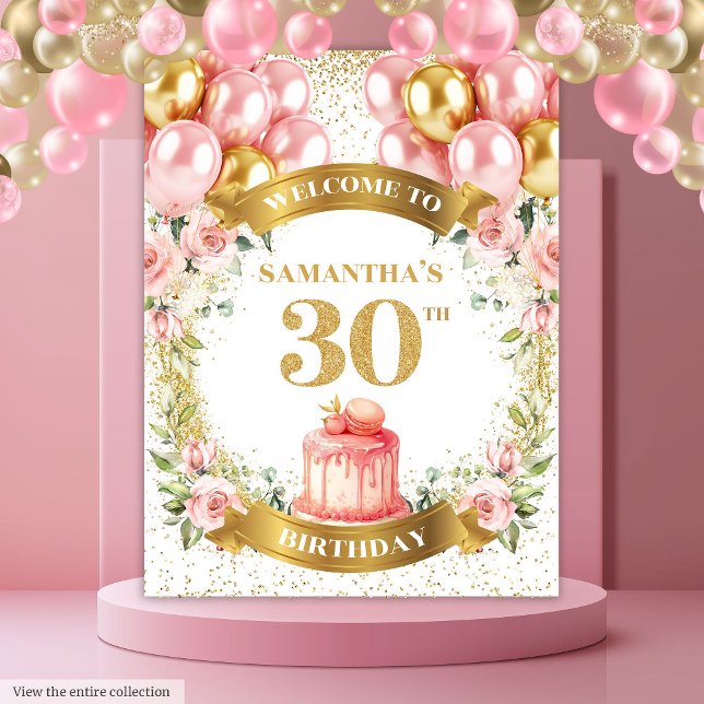 Tenture Affichage de fête élégant or rose pour 30e anniver (Elegant 30th Birthday Blush Gold Party Display)