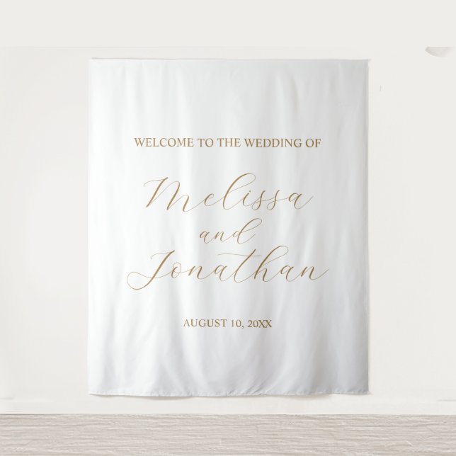 Tenture Affiche de bienvenue mariage blanche et or (Devant)