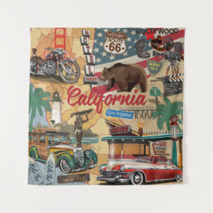 Tenture affiche de la Californie vintage avec attractions 