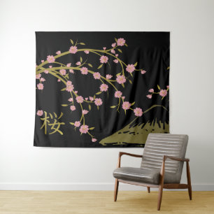 Tenture Affiche japonaise écran noir or Sakura rose