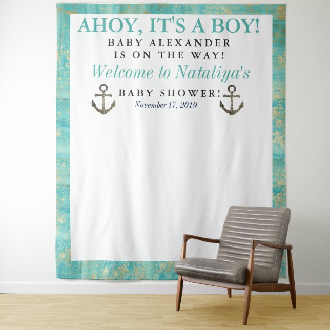 Tenture Ahoy C'est un garçon Baby shower Bleu Océan Nautiq (En situation)