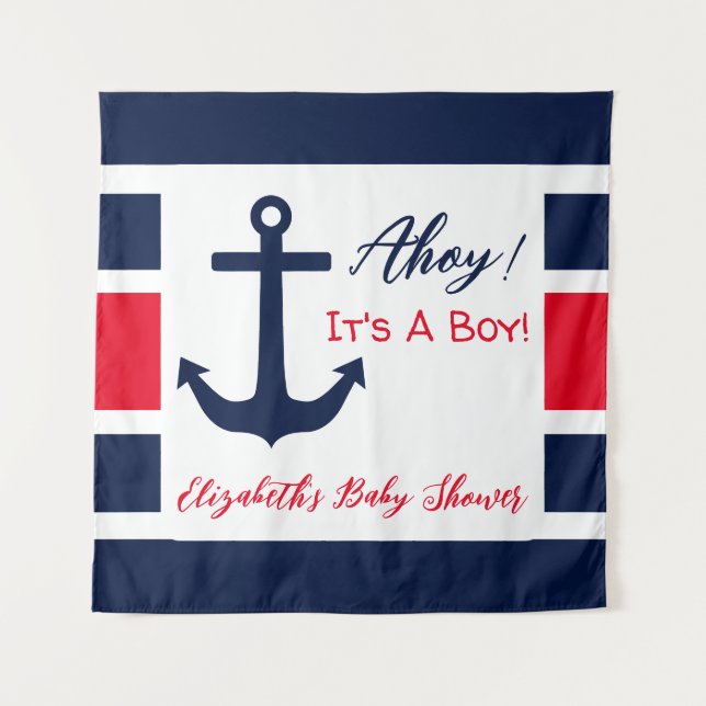 Tenture Ahoy C'est un garçon ! Baby shower nautique (Devant)