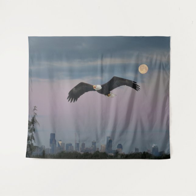 Tenture Aigle chauve devant Seattle et Lune (Devant (Horizontal))