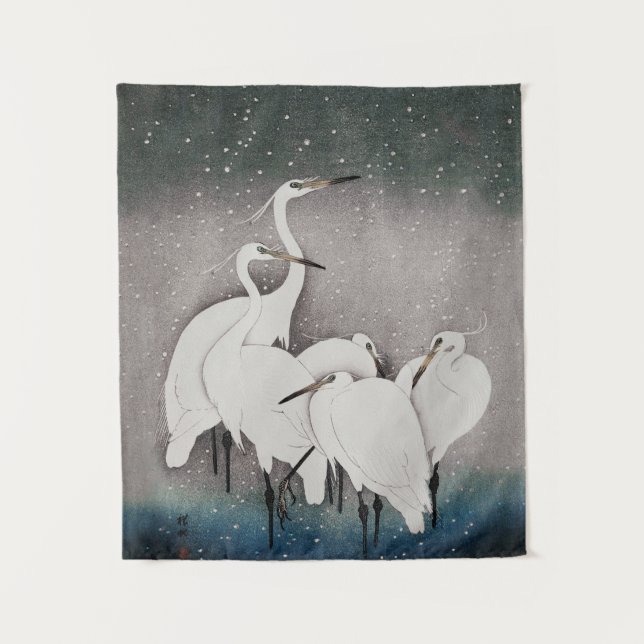 Tenture Aigrettes japonaises Grues Koson Neige d'hiver (Devant)