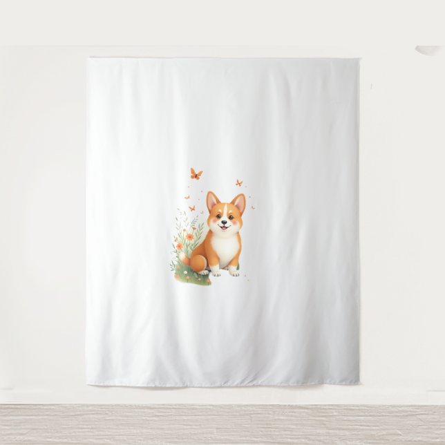 Tenture Akita Chien avec Fleur et T-shirt Papillon (Devant)
