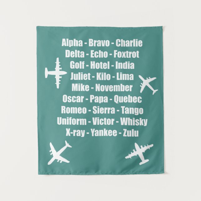 Tenture Alphabet phonétique cool Aviation bleue et blanche (Devant)