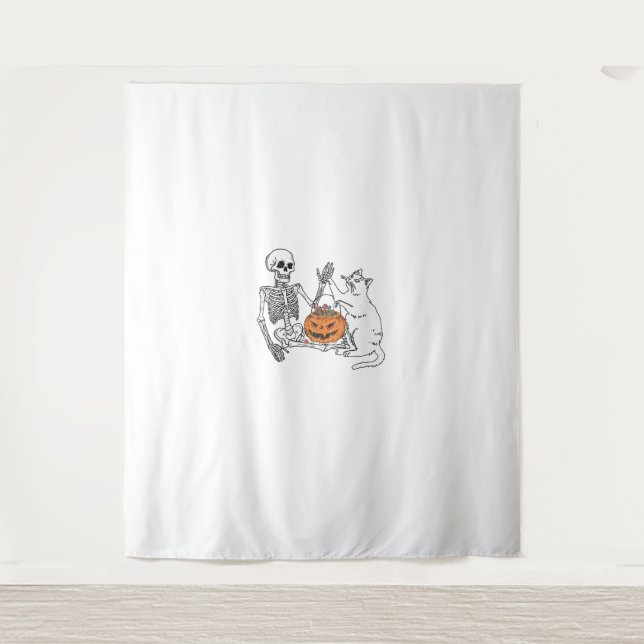 Tenture Amoureux de les chats Halloween Funny Skeleton et  (Devant)
