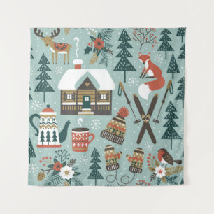 Tenture Animaux forestiers : Hiver Vintage sans couture.