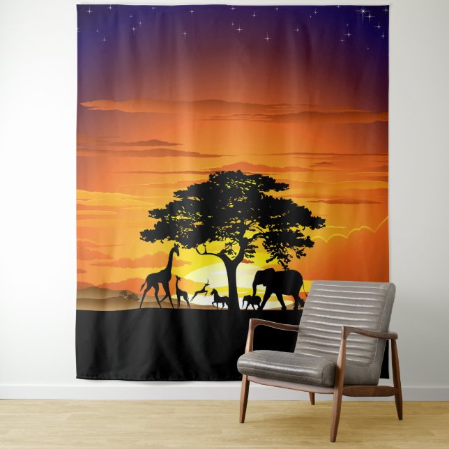 Tenture Animaux sauvages sur le coucher de soleil de la sa (En situation)