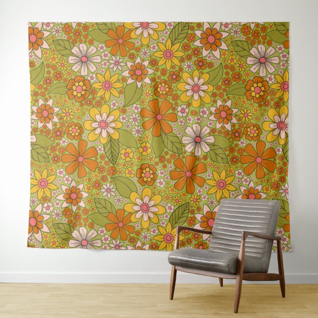 Tenture Années 1960, 1970 Vert & Orange Retro Floral (En situation (horizontale))
