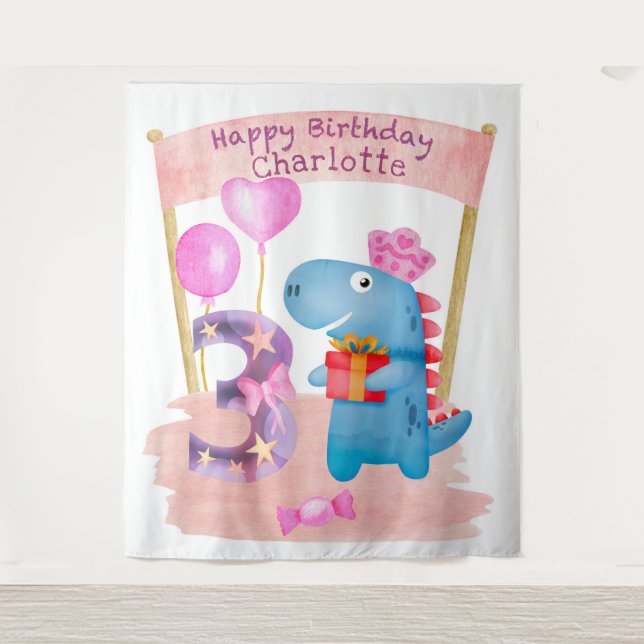 Tenture Anniversaire 3 Ans Dinosaure Mignon Personnalisé p (Devant)