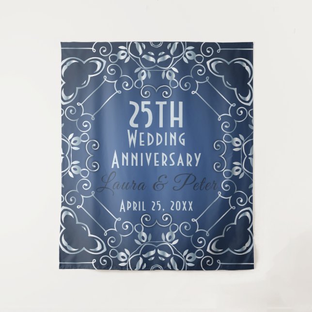 Tenture Anniversaire élégant du Mariage Bleu et Argent (Devant)