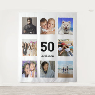 Tenture Anniversaire fête personnalisée photo collage blan