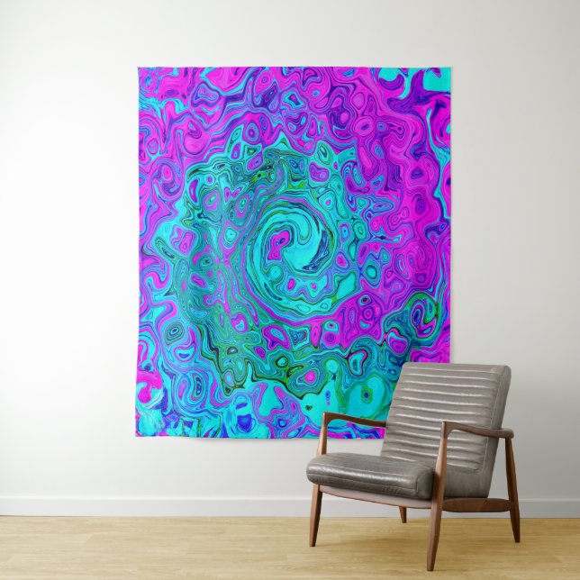 Tenture Aquamarine et Magenta Cool Retro Liquid Swirl (En situation)