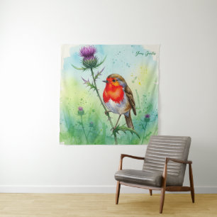 Tenture Aquarelle botanique de Robin Bird et fleur de char