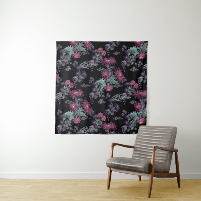 Tenture Aquarelle Chrysanthemums fleurs encre florale impr (En situation (horizontale))