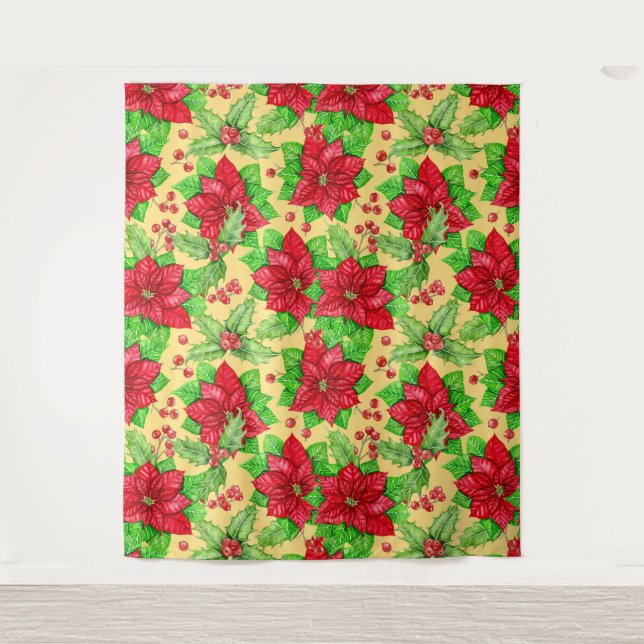 Tenture Aquarelle de Poinsettia et de baies sèches (Devant)