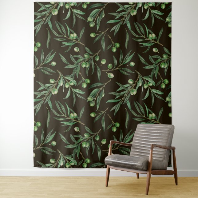 Tenture Aquarelle des branches d'olive en noir (En situation)