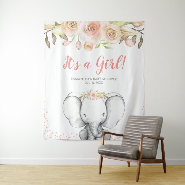 Tenture Aquarelle Elephant Girl Baby shower fond (En situation)