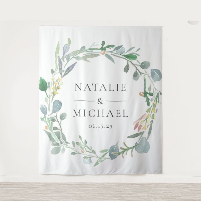 Tenture Aquarelle Eucalyptus Wreath Mariage vert (Devant)
