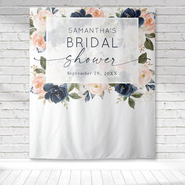 Tenture Aquarelle florale Fête des mariées botanique (Blush pink and navy blue floral botanical watercolor bridal shower tapestry for the perfect backdrop)