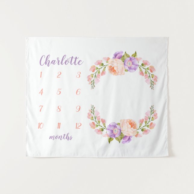 Tenture Aquarelle Florale Monogramme Baby Milestone Photo (Devant (Horizontal))