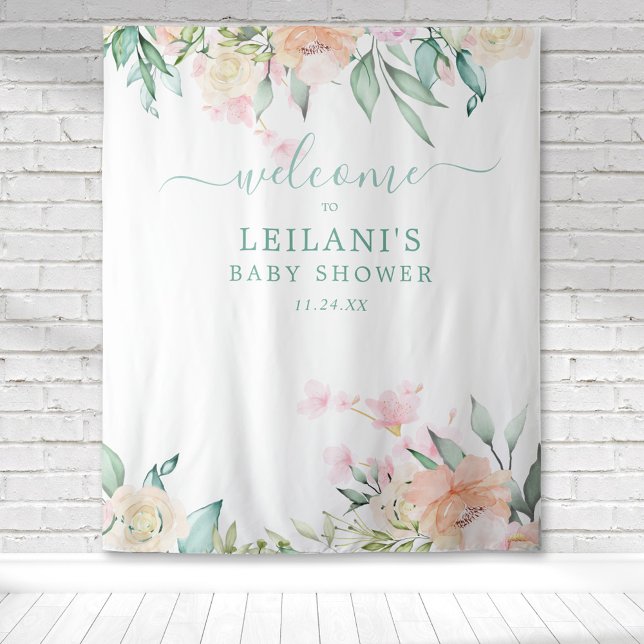 Tenture Aquarelle florale Pastel Wreath Accueil botanique (Pastel watercolor floral botanical welcome baby shower tapestry photo op background.)