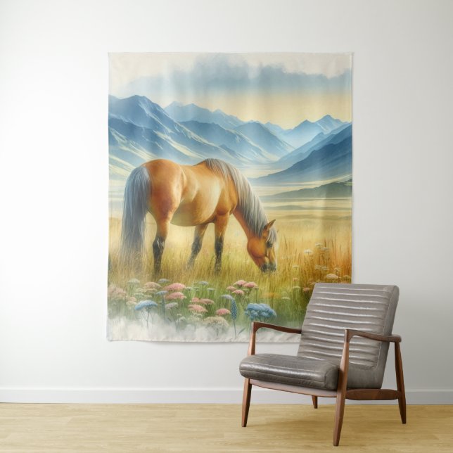 Tenture Aquarelle Golden Buckskin Wild Horse on (En situation)