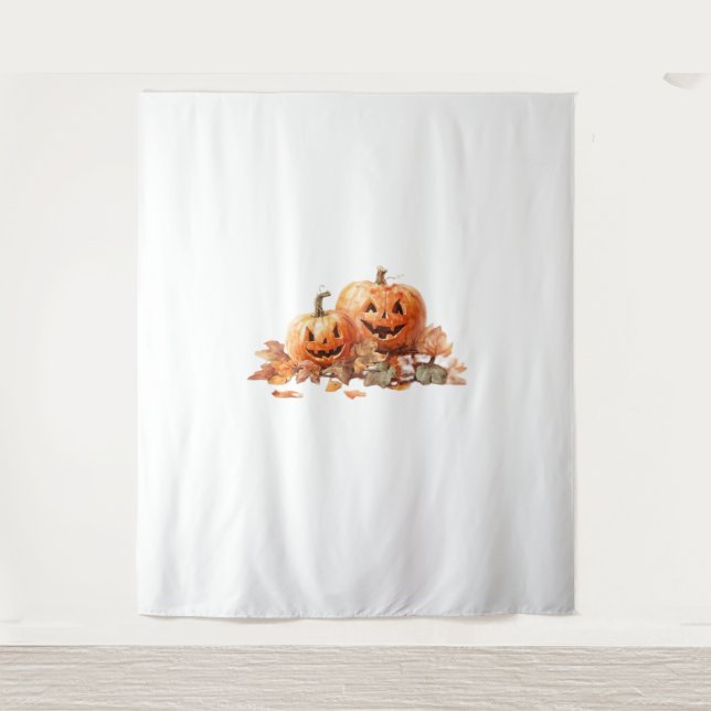 Tenture Aquarelle Halloween Citrouilles avec feuilles d'au (Devant)