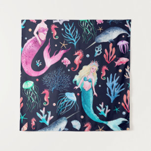 Tenture Aquarelle mer motif avec sirènes, coraux, seah