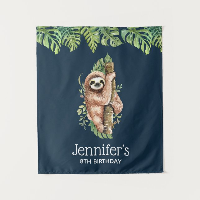 Tenture Aquarelle mignonne Sloth & Feuilles tropicaux Anni (Devant)