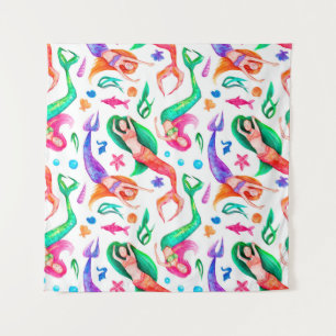 Tenture Aquarelle motif sans soudure avec sirènes, coquill