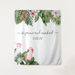 Tenture Aquarelle Oiseaux tropicaux Calligraphie rose