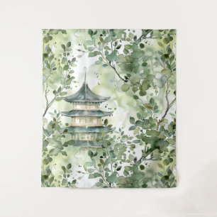 Tenture Aquarelle Pagode asiatique dans paysage verdoyant 