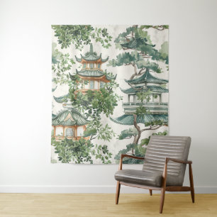 Tenture Aquarelle Pagode asiatique dans paysage verdoyant 