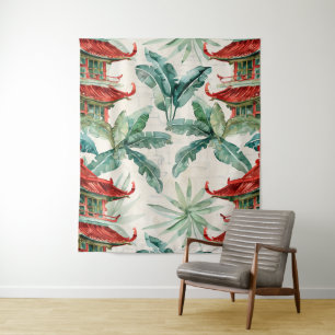 Tenture Aquarelle Pagode asiatique dans paysage verdoyant 