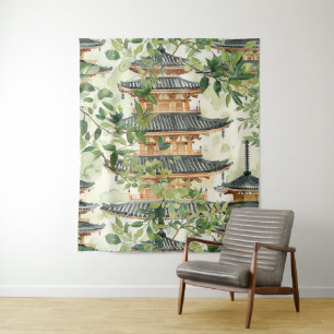 Tenture Aquarelle Pagode asiatique dans paysage verdoyant 