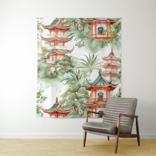 Tenture Aquarelle Pagode asiatique dans paysage verdoyant