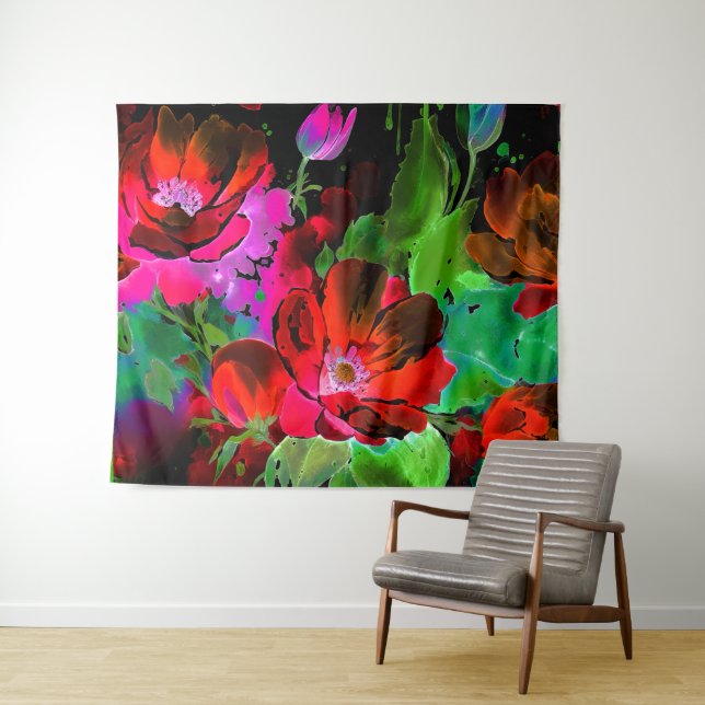 Tenture Aquarelle Peinture de fleurs rouges sur noir (En situation (horizontale))