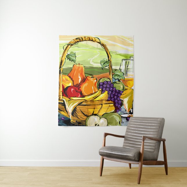 Tenture Aquarelle Pique-nique Panier de fruits et Tapisser (En situation)