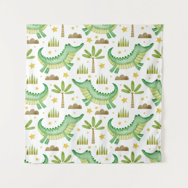 Tenture Aquarelle transparente motif de crocodile palmier (Devant)